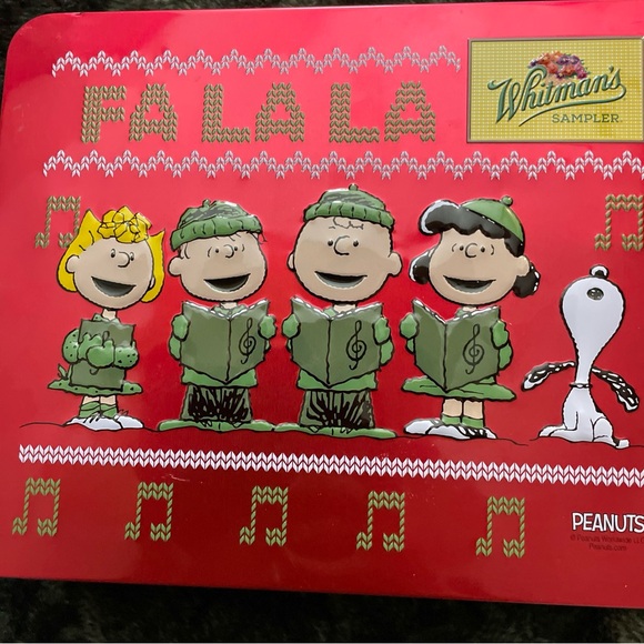 Tin Hinged Box Peanuts Characters Snoopy Christmas FA LA LA Embossed (Empty) - Picture 2 of 6